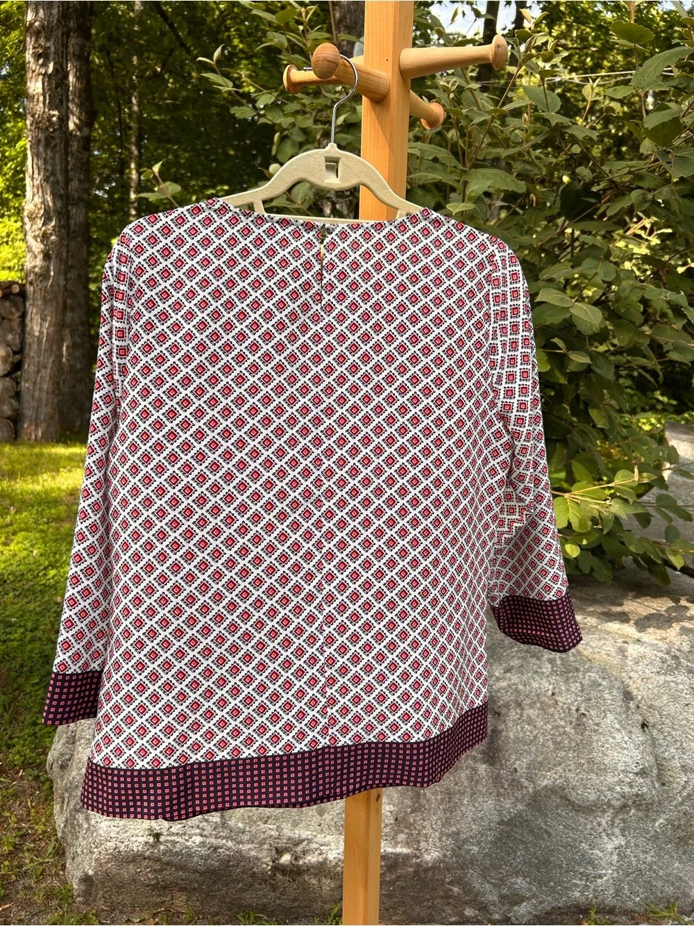J. Crew Red and White Geo Print Long Sleeve Top